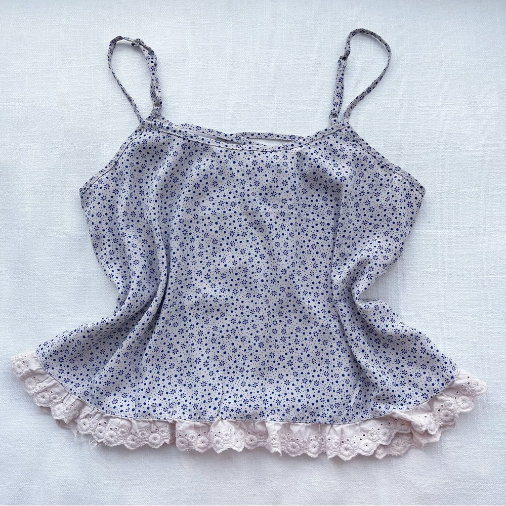 Floral Flower Print Lace Trim Blue White Pink Coquette Spaghetti Strap Top